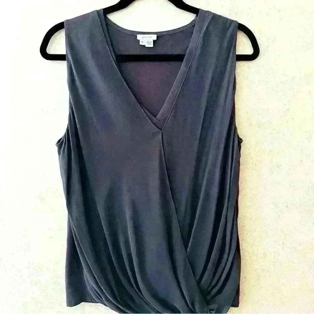 JIGSAW M 100% SILK GREY OVERLAY COTTON SLEEVELESS V NECK LOOSE GATHERING BLOUSE‎
